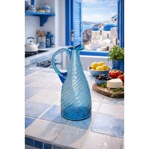 Handblown Italy 8inch Swirl Blue Art Glass Carafe Ewer